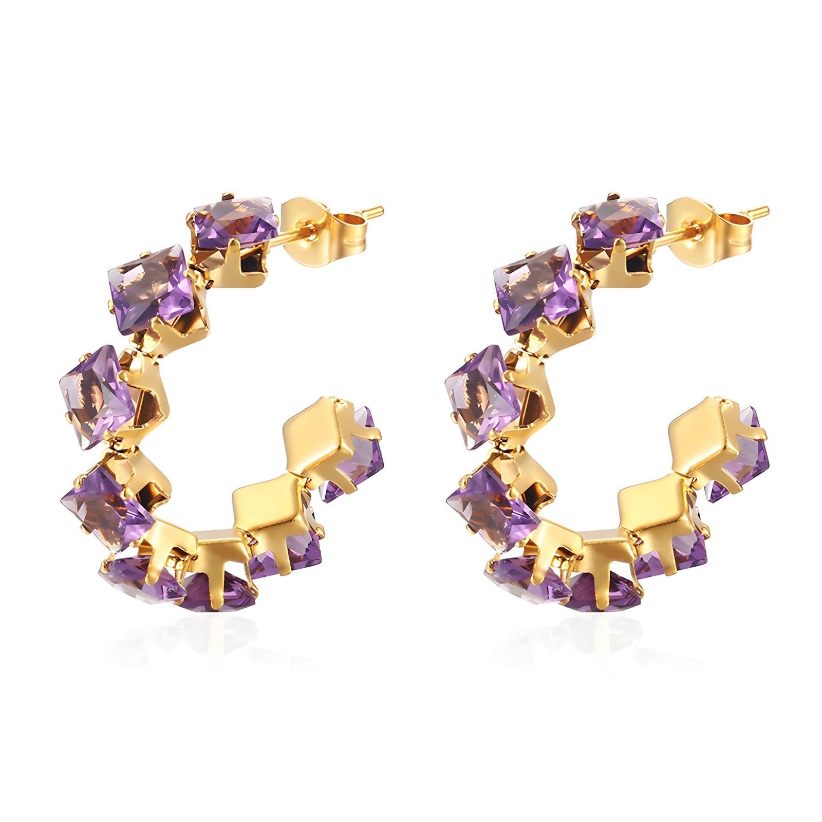 Purple Cubic Zirconia Open Hoop
Earrings Gold