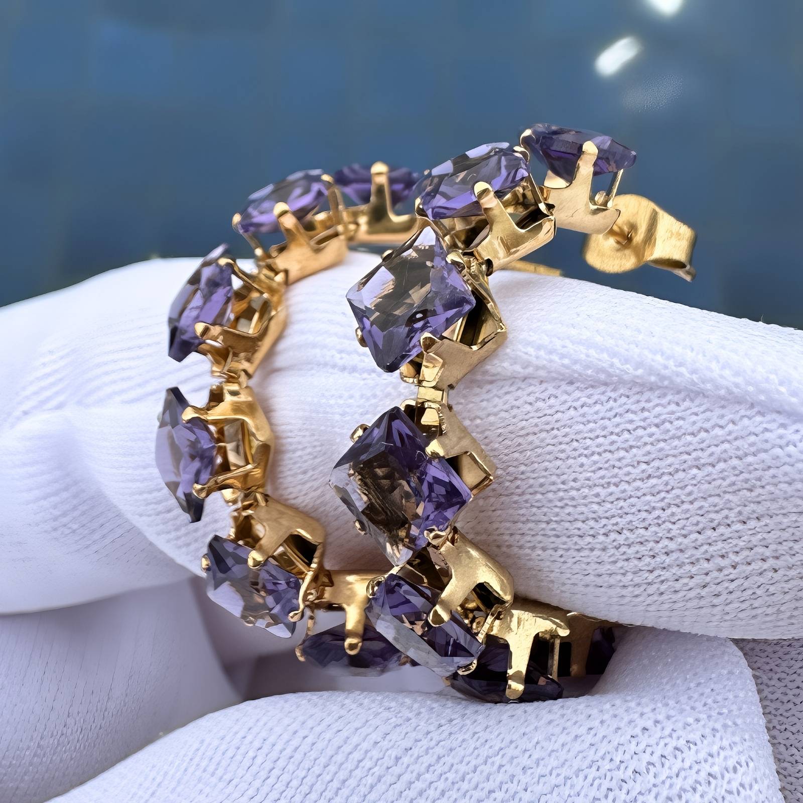 Purple Cubic Zirconia Open Hoop
Earrings Gold