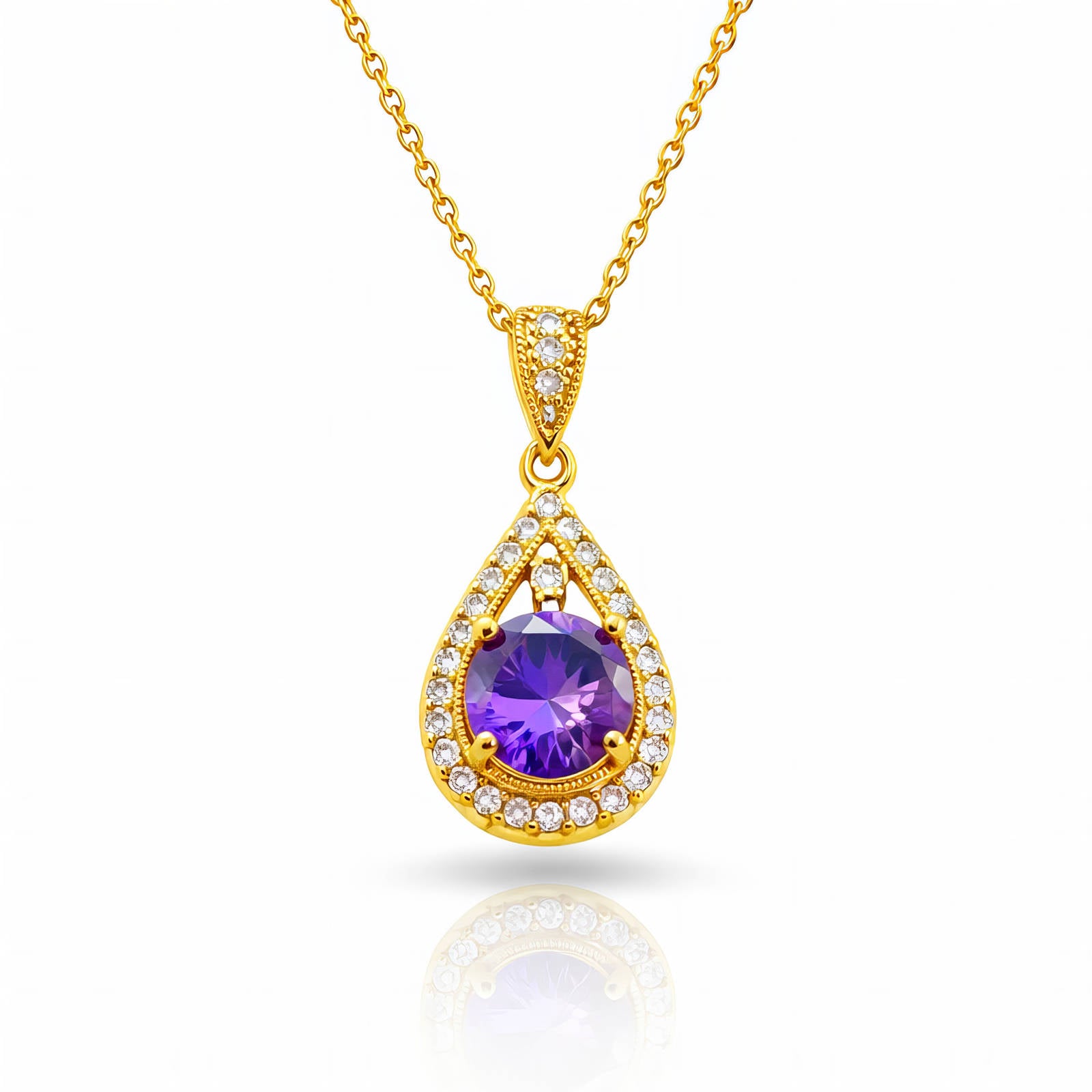 Purple Pear Drop Necklace Gold