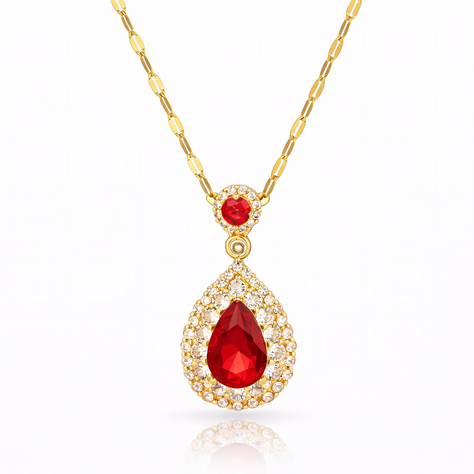 Red Pear Halo Necklace Gold